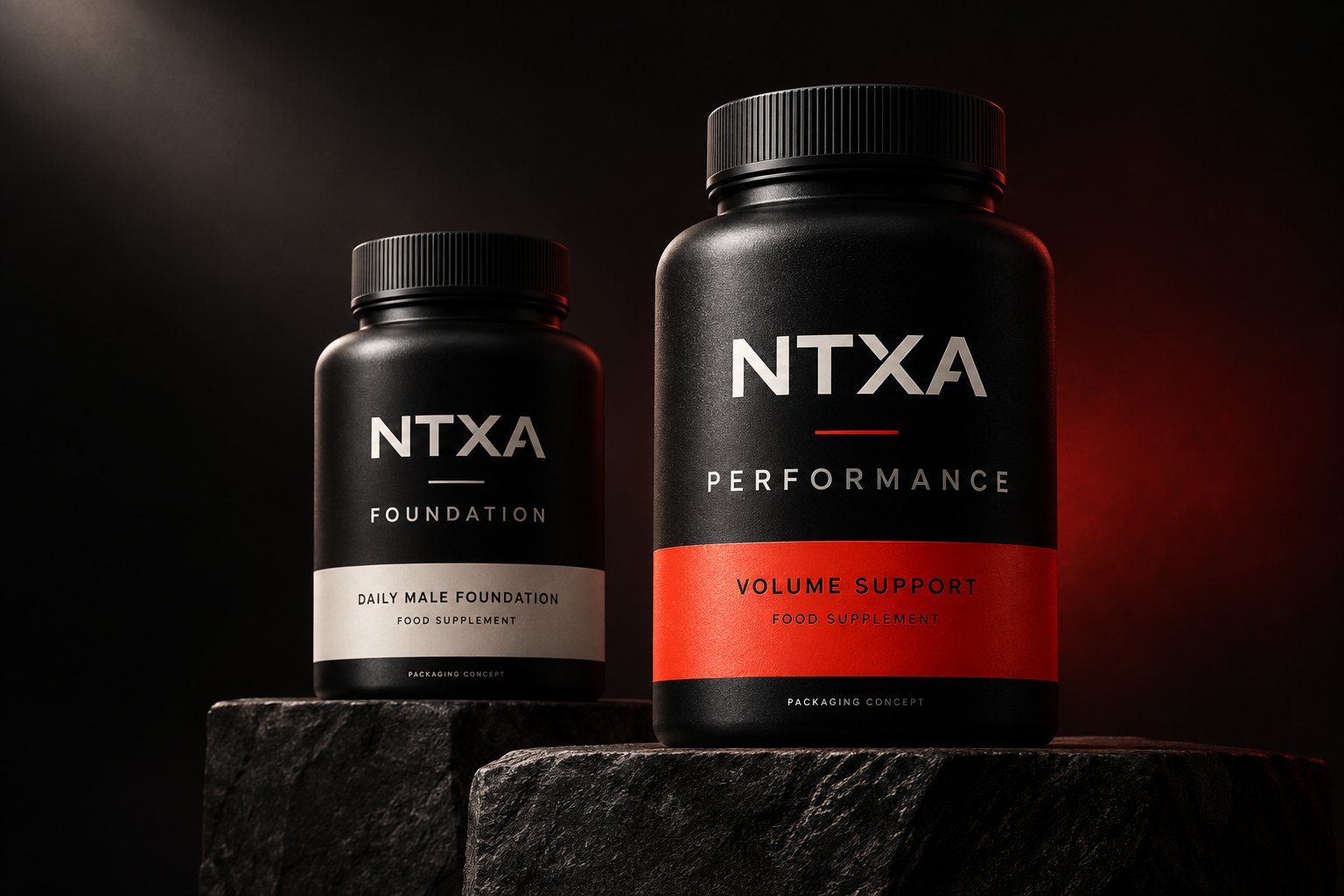 NTXA Foundation and Performance supplement packaging concepts on dark stone plinths